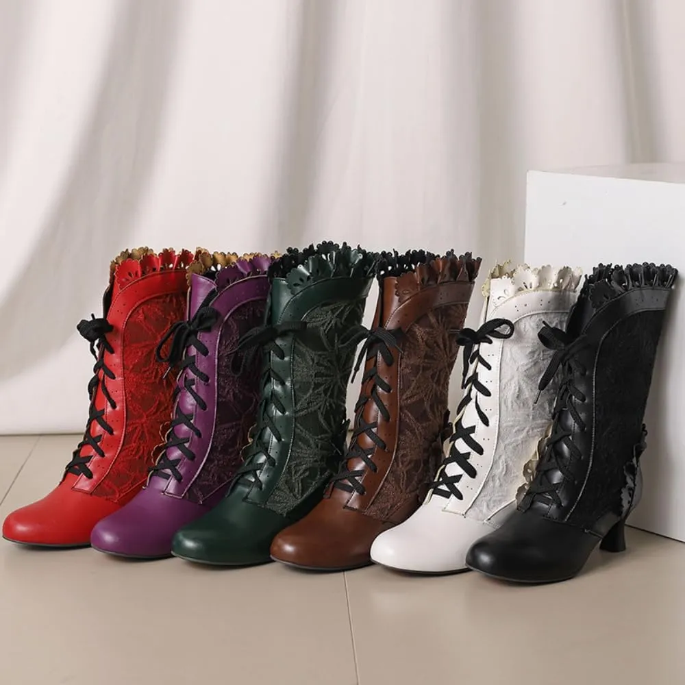 UniqueStride Women Lolita Kitten Heels Mid Calf Boots Mid Heel Sweet Bow Lace Up Cosplay Kawaii Dress Boots