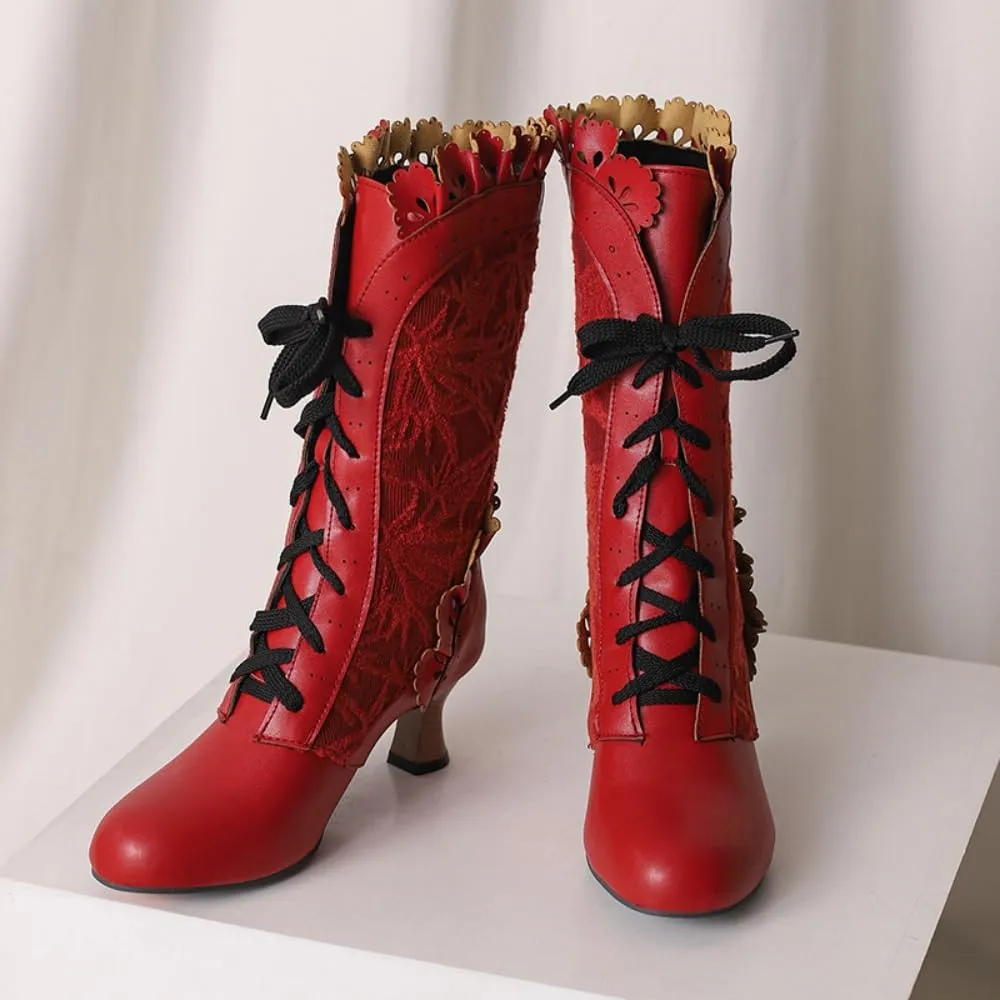 UniqueStride Women Lolita Kitten Heels Mid Calf Boots Mid Heel Sweet Bow Lace Up Cosplay Kawaii Dress Boots
