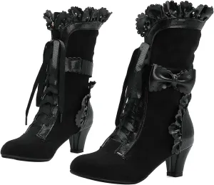 UniqueStride Women Lolita Kitten Heels Mid Calf Boots Mid Heel Sweet Bow Lace Up Cosplay Kawaii Dress Boots