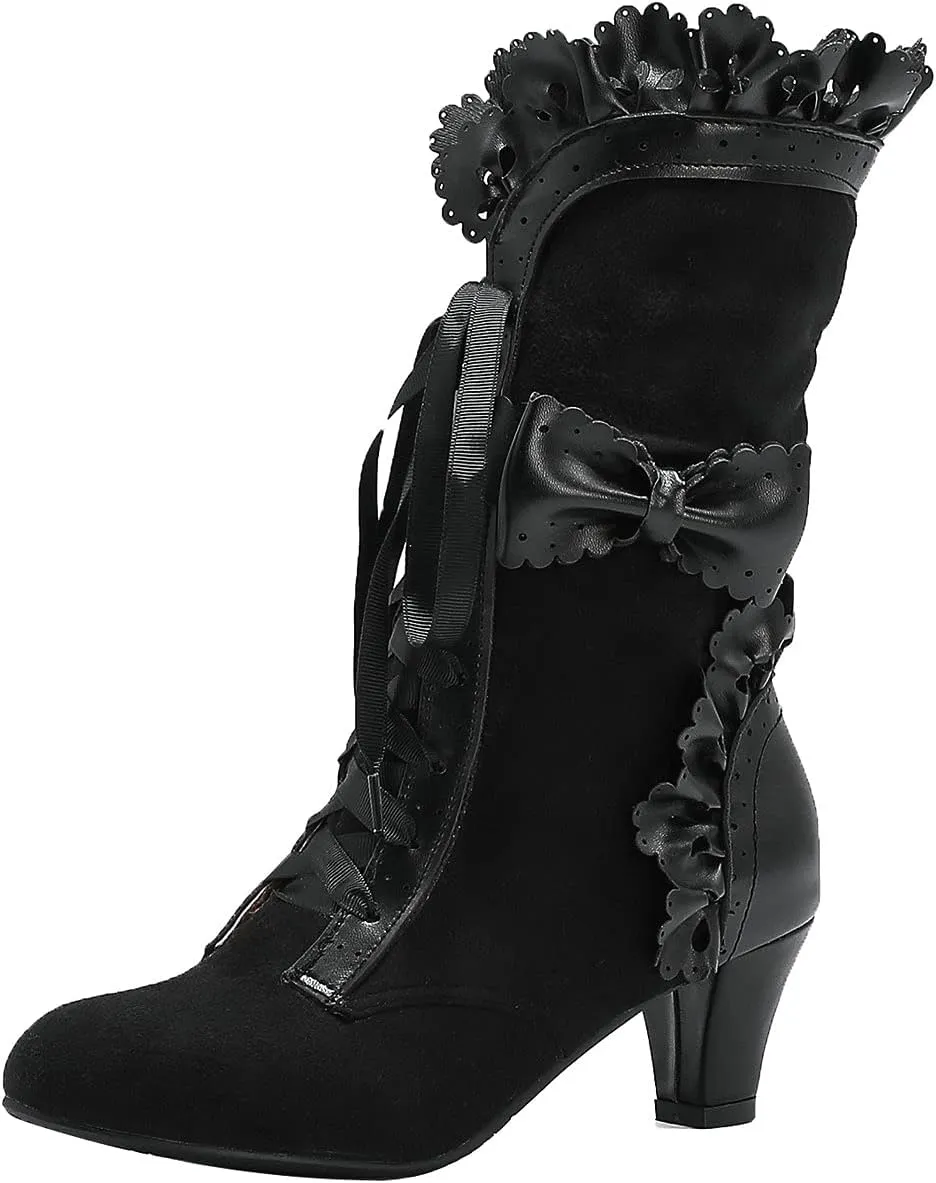 UniqueStride Women Lolita Kitten Heels Mid Calf Boots Mid Heel Sweet Bow Lace Up Cosplay Kawaii Dress Boots