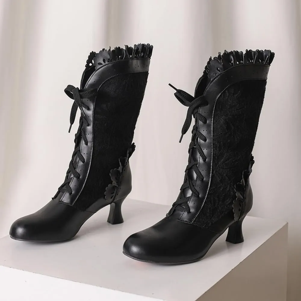 UniqueStride Women Lolita Kitten Heels Mid Calf Boots Mid Heel Sweet Bow Lace Up Cosplay Kawaii Dress Boots