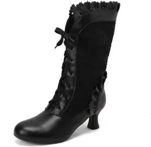 UniqueStride Women Lolita Kitten Heels Mid Calf Boots Mid Heel Sweet Bow Lace Up Cosplay Kawaii Dress Boots