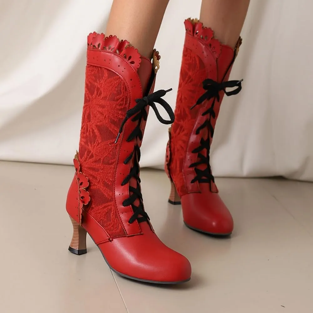 UniqueStride Women Lolita Kitten Heels Mid Calf Boots Mid Heel Sweet Bow Lace Up Cosplay Kawaii Dress Boots