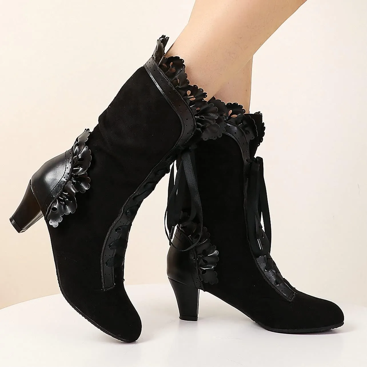 UniqueStride Women Lolita Kitten Heels Mid Calf Boots Mid Heel Sweet Bow Lace Up Cosplay Kawaii Dress Boots