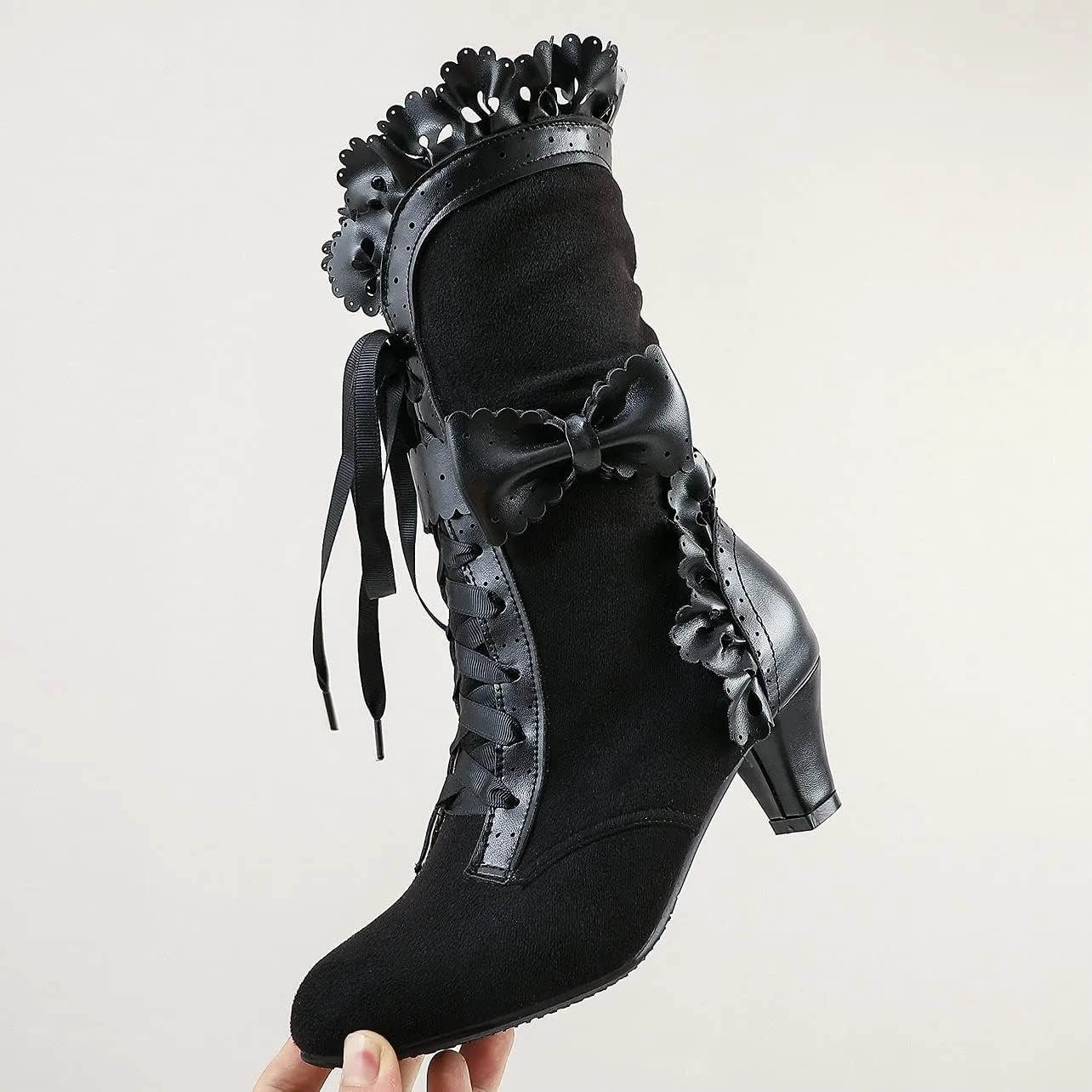 UniqueStride Women Lolita Kitten Heels Mid Calf Boots Mid Heel Sweet Bow Lace Up Cosplay Kawaii Dress Boots