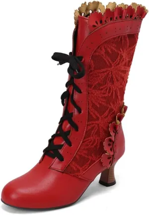 UniqueStride Women Lolita Kitten Heels Mid Calf Boots Mid Heel Sweet Bow Lace Up Cosplay Kawaii Dress Boots