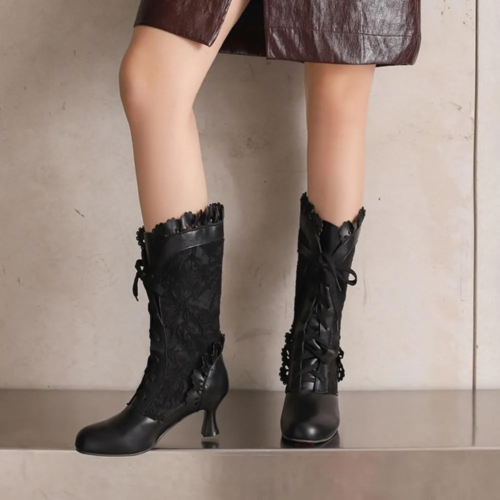 UniqueStride Women Lolita Kitten Heels Mid Calf Boots Mid Heel Sweet Bow Lace Up Cosplay Kawaii Dress Boots