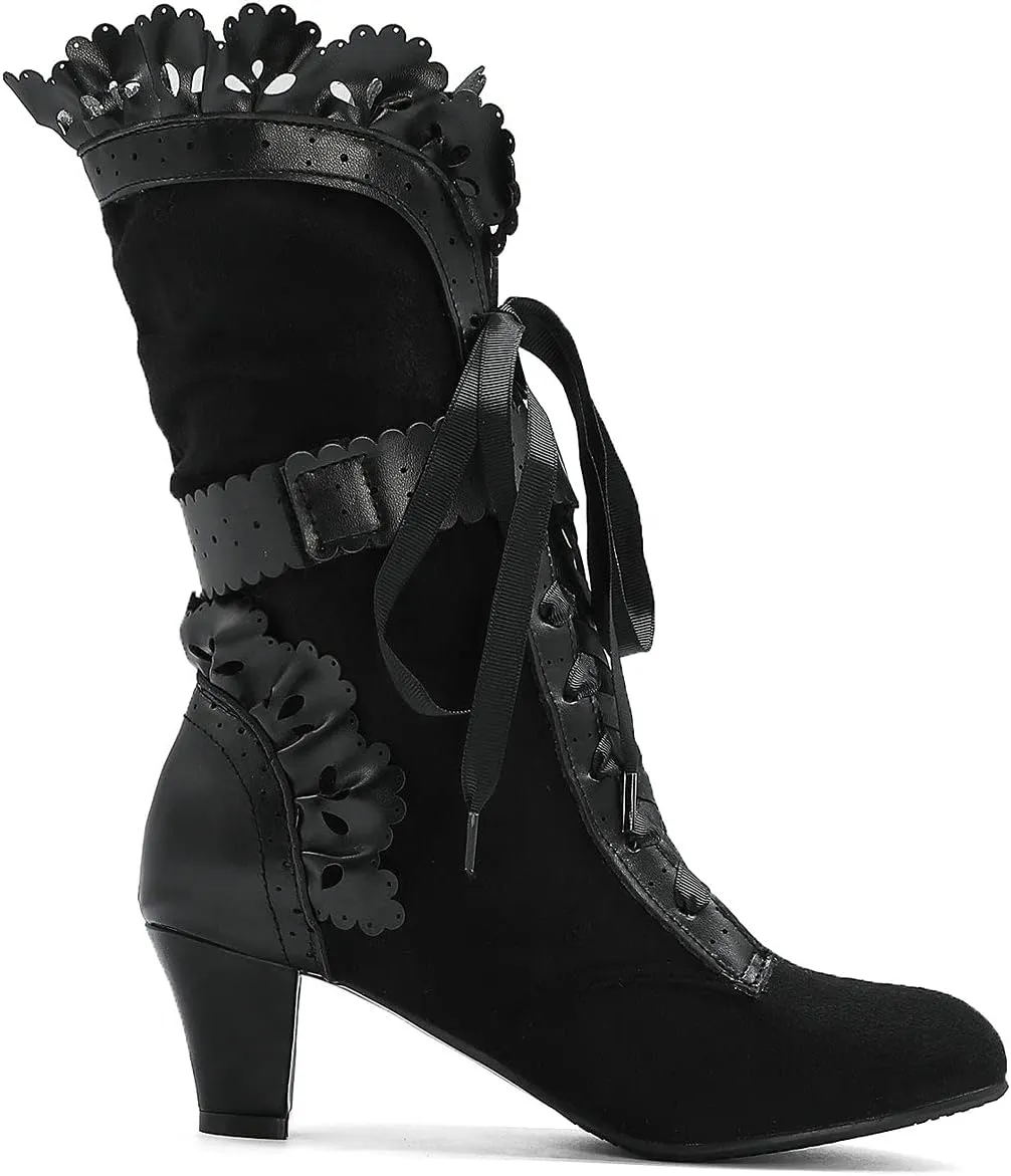 UniqueStride Women Lolita Kitten Heels Mid Calf Boots Mid Heel Sweet Bow Lace Up Cosplay Kawaii Dress Boots