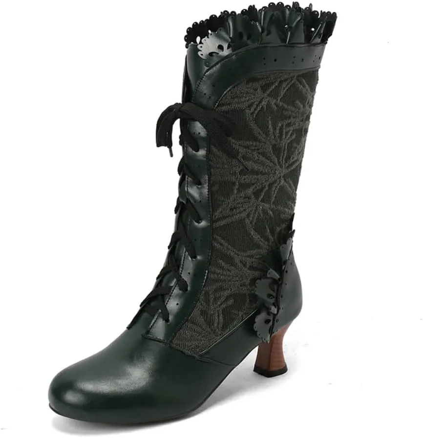 UniqueStride Women Lolita Kitten Heels Mid Calf Boots Mid Heel Sweet Bow Lace Up Cosplay Kawaii Dress Boots