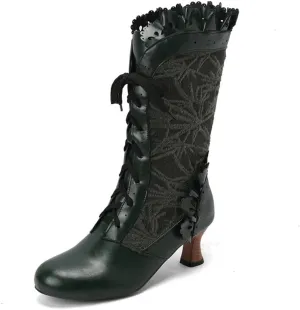 UniqueStride Women Lolita Kitten Heels Mid Calf Boots Mid Heel Sweet Bow Lace Up Cosplay Kawaii Dress Boots