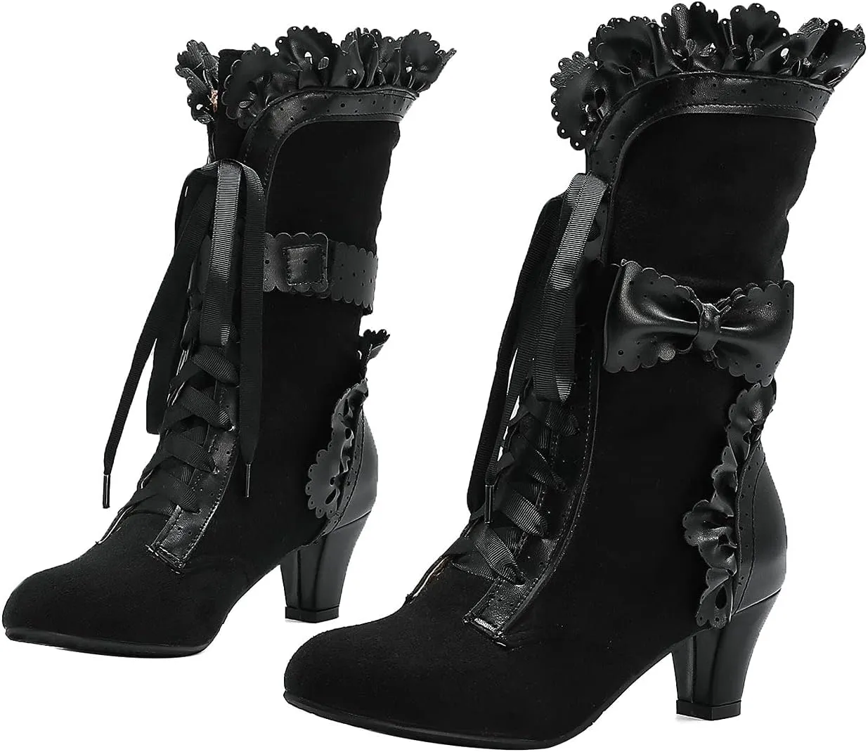 UniqueStride Women Lolita Kitten Heels Mid Calf Boots Mid Heel Sweet Bow Lace Up Cosplay Kawaii Dress Boots