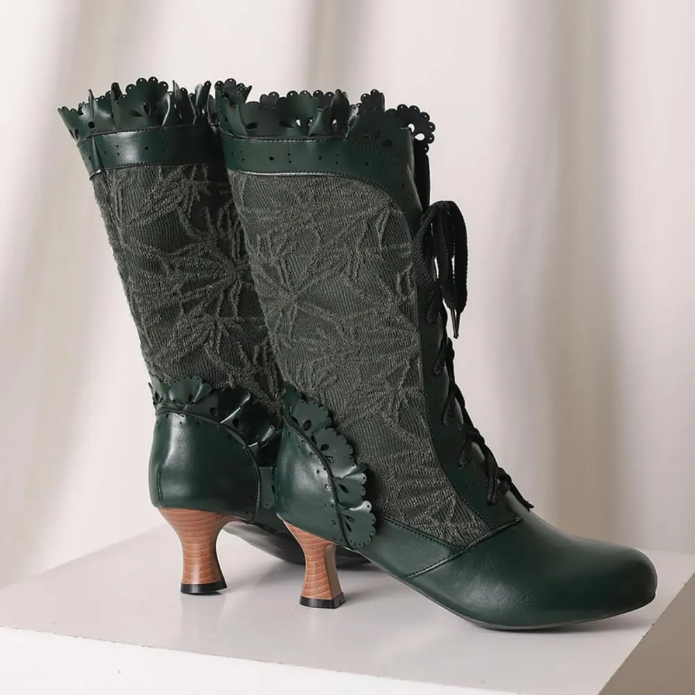 UniqueStride Women Lolita Kitten Heels Mid Calf Boots Mid Heel Sweet Bow Lace Up Cosplay Kawaii Dress Boots