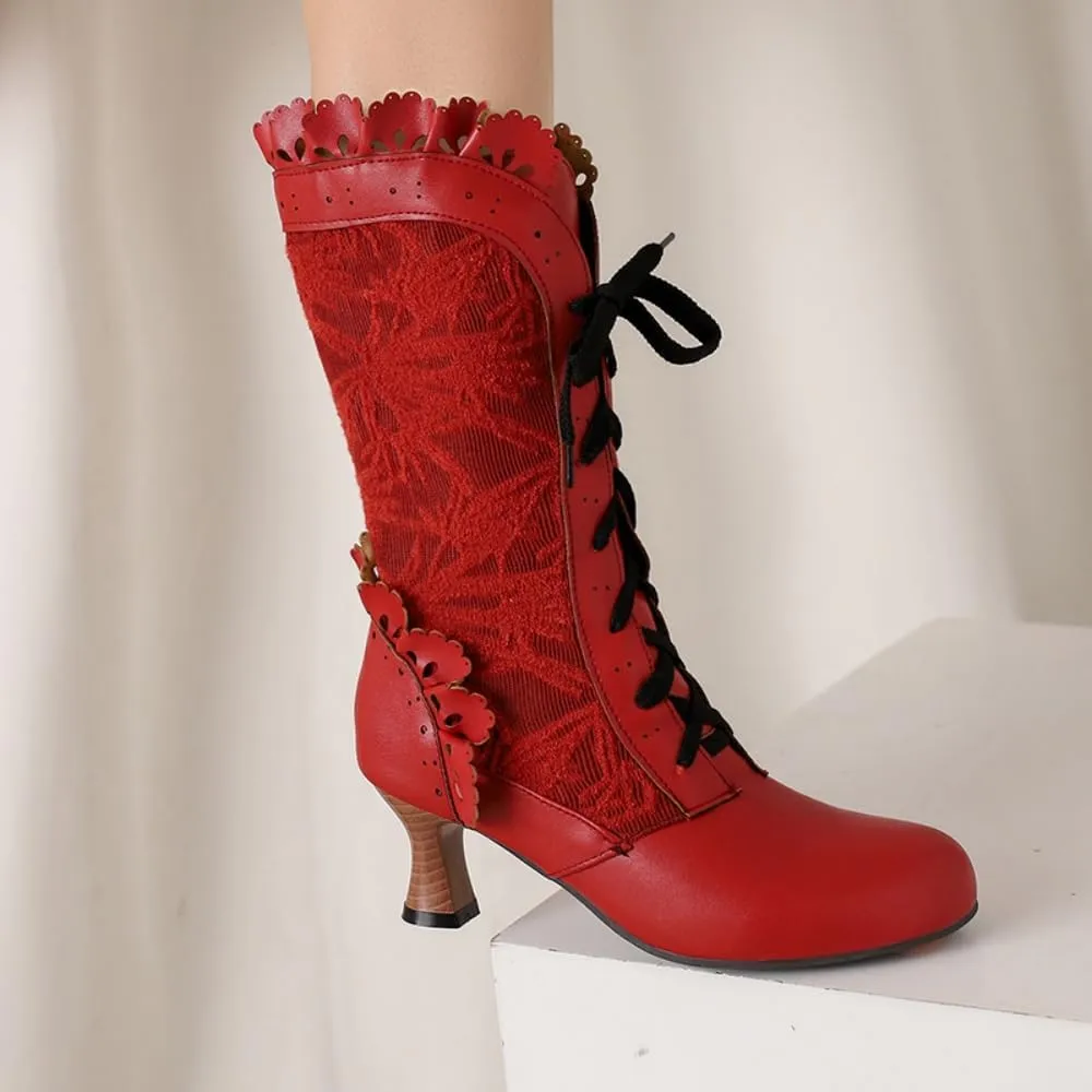 UniqueStride Women Lolita Kitten Heels Mid Calf Boots Mid Heel Sweet Bow Lace Up Cosplay Kawaii Dress Boots