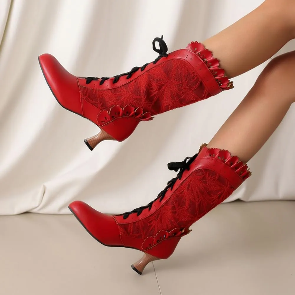 UniqueStride Women Lolita Kitten Heels Mid Calf Boots Mid Heel Sweet Bow Lace Up Cosplay Kawaii Dress Boots