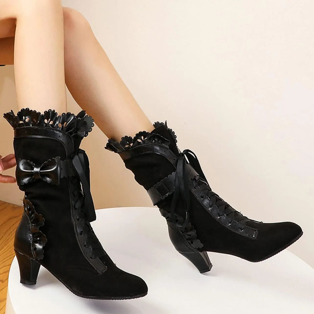 UniqueStride Women Lolita Kitten Heels Mid Calf Boots Mid Heel Sweet Bow Lace Up Cosplay Kawaii Dress Boots