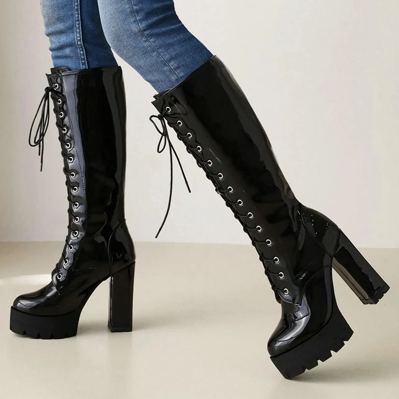 UniqueStride Womens Chunky Platform Knee High Boots High Heel Patent Leather Lace Up Round Toe Goth Boots