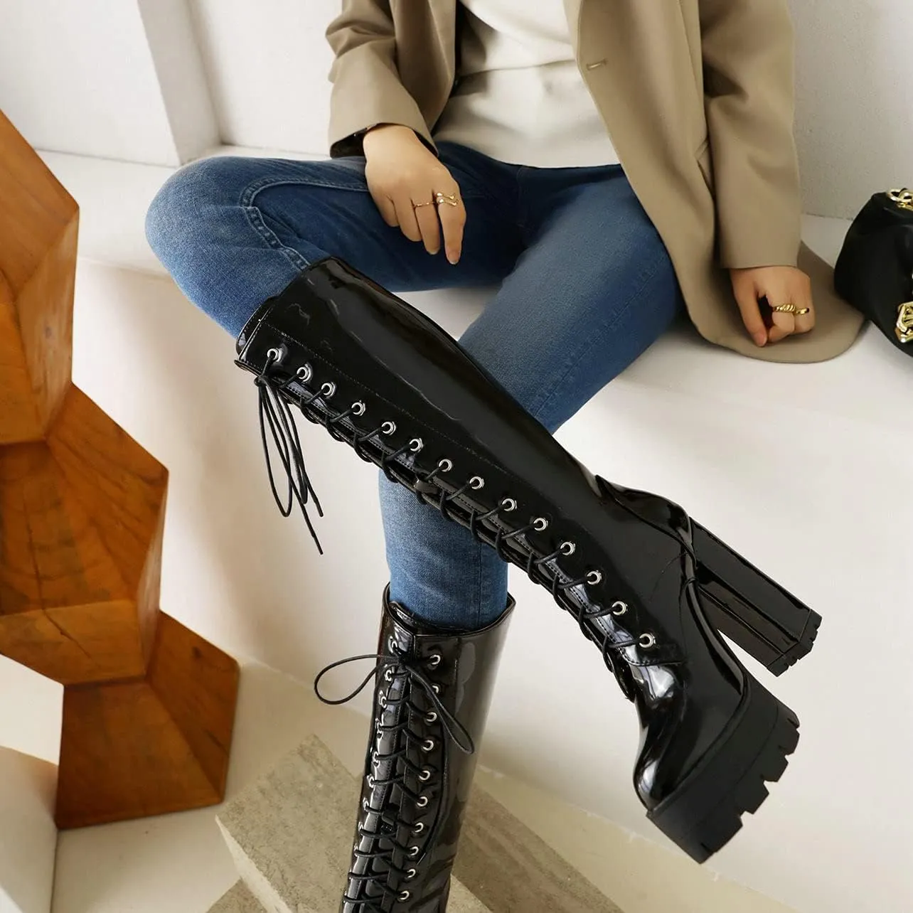 UniqueStride Womens Chunky Platform Knee High Boots High Heel Patent Leather Lace Up Round Toe Goth Boots