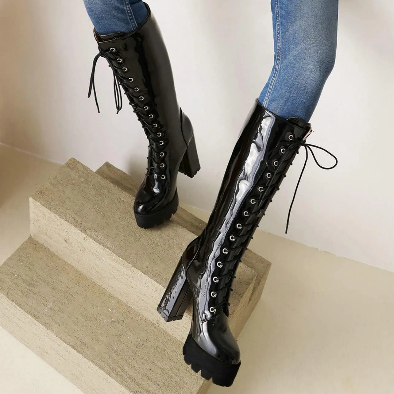 UniqueStride Womens Chunky Platform Knee High Boots High Heel Patent Leather Lace Up Round Toe Goth Boots