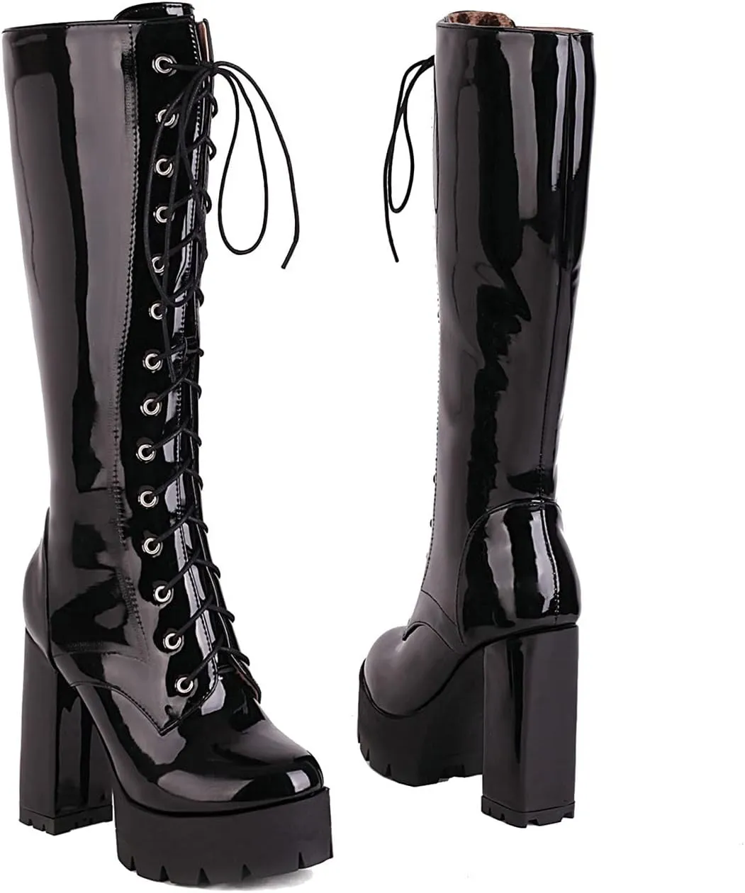 UniqueStride Womens Chunky Platform Knee High Boots High Heel Patent Leather Lace Up Round Toe Goth Boots