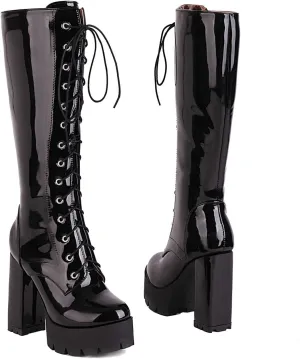 UniqueStride Womens Chunky Platform Knee High Boots High Heel Patent Leather Lace Up Round Toe Goth Boots