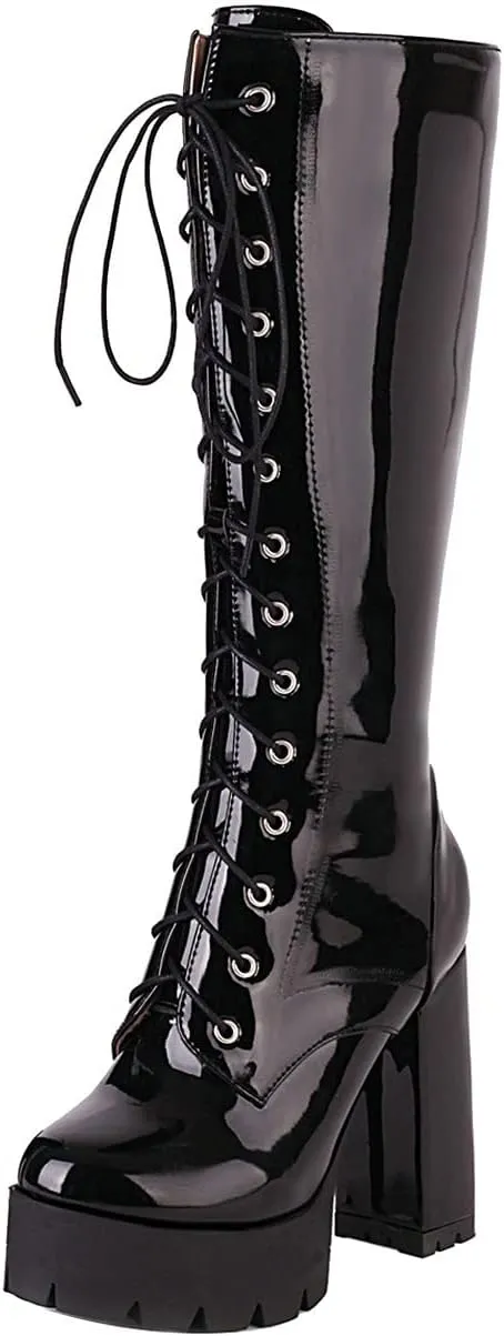 UniqueStride Womens Chunky Platform Knee High Boots High Heel Patent Leather Lace Up Round Toe Goth Boots