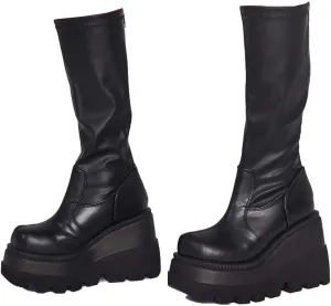 UOQAPRE Womens High Platform Mid Calf Wedges Chunky Booties Heel Round-Toe Side Zip Winter Punk Combat Boots For Women