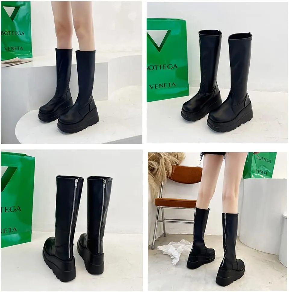 UOQAPRE Womens High Platform Mid Calf Wedges Chunky Booties Heel Round-Toe Side Zip Winter Punk Combat Boots For Women