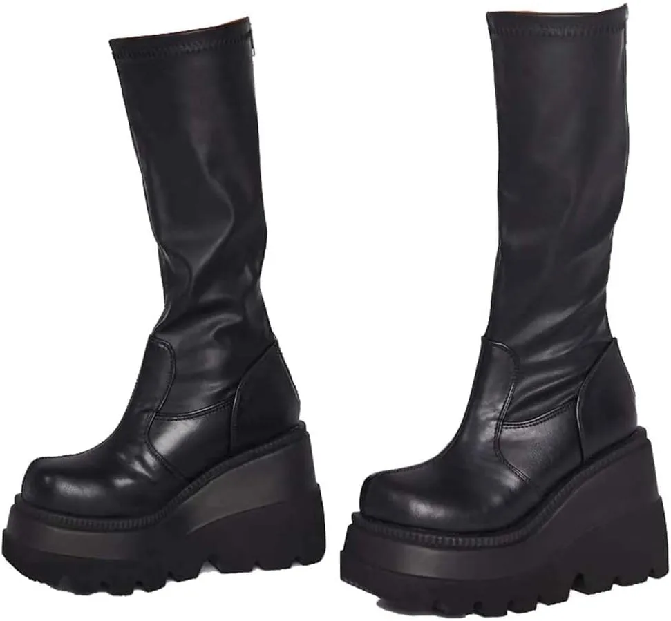 UOQAPRE Womens High Platform Mid Calf Wedges Chunky Booties Heel Round-Toe Side Zip Winter Punk Combat Boots For Women