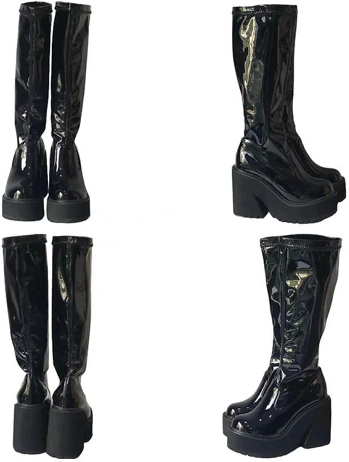 UOQAPRE Womens High Platform Mid Calf Wedges Chunky Booties Heel Round-Toe Side Zip Winter Punk Combat Boots For Women