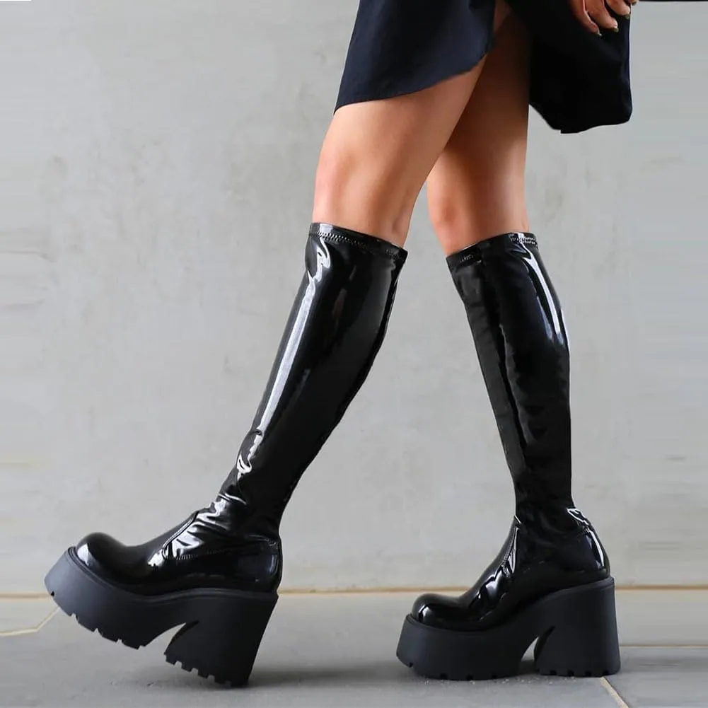 UOQAPRE Womens High Platform Mid Calf Wedges Chunky Booties Heel Round-Toe Side Zip Winter Punk Combat Boots For Women