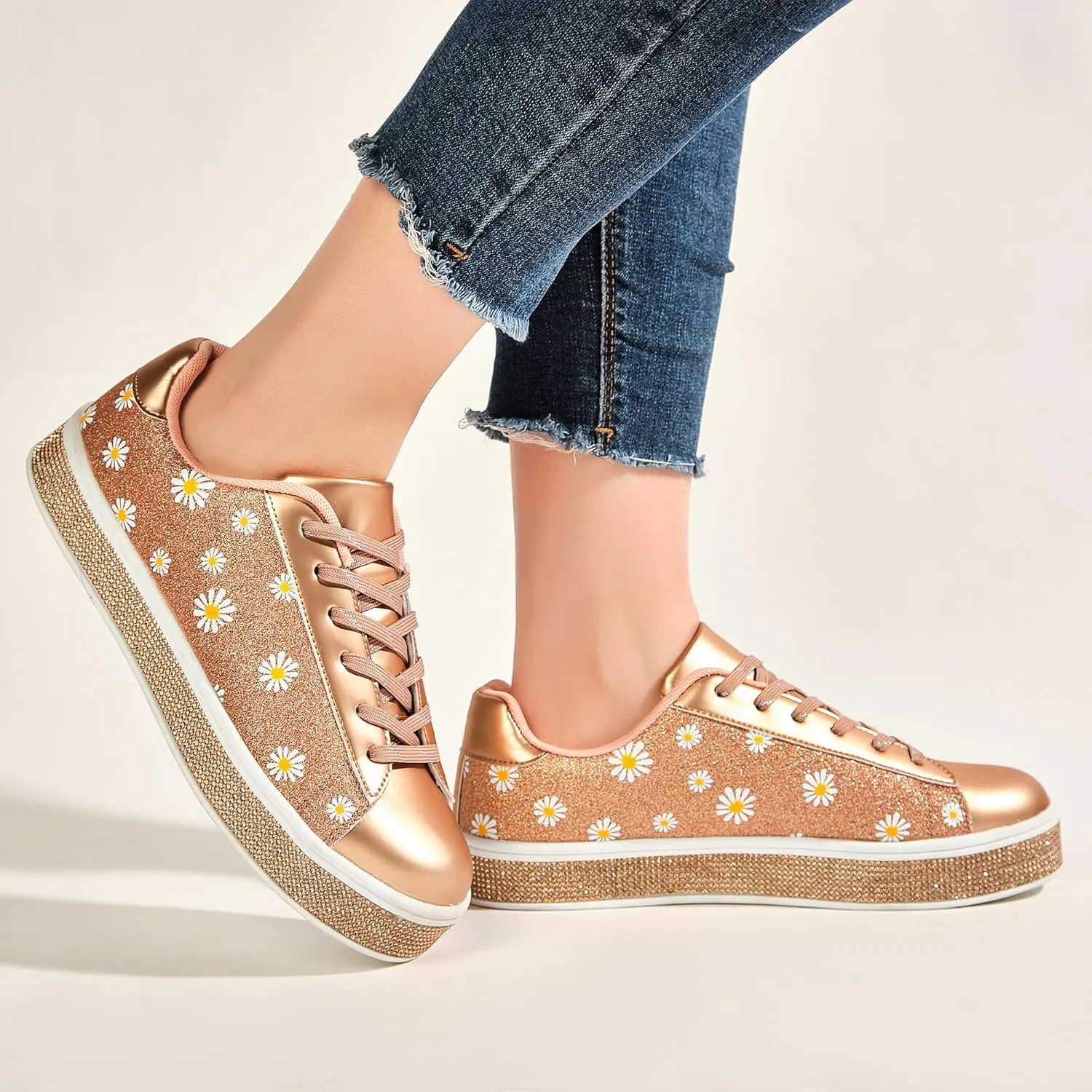 UUBARIS Women's Glitter Tennis Sneakers Neon Dressy Sparkly Sneakers Rhinestone Bling Wedding Bridal Shoes Shiny Sequin Shoes