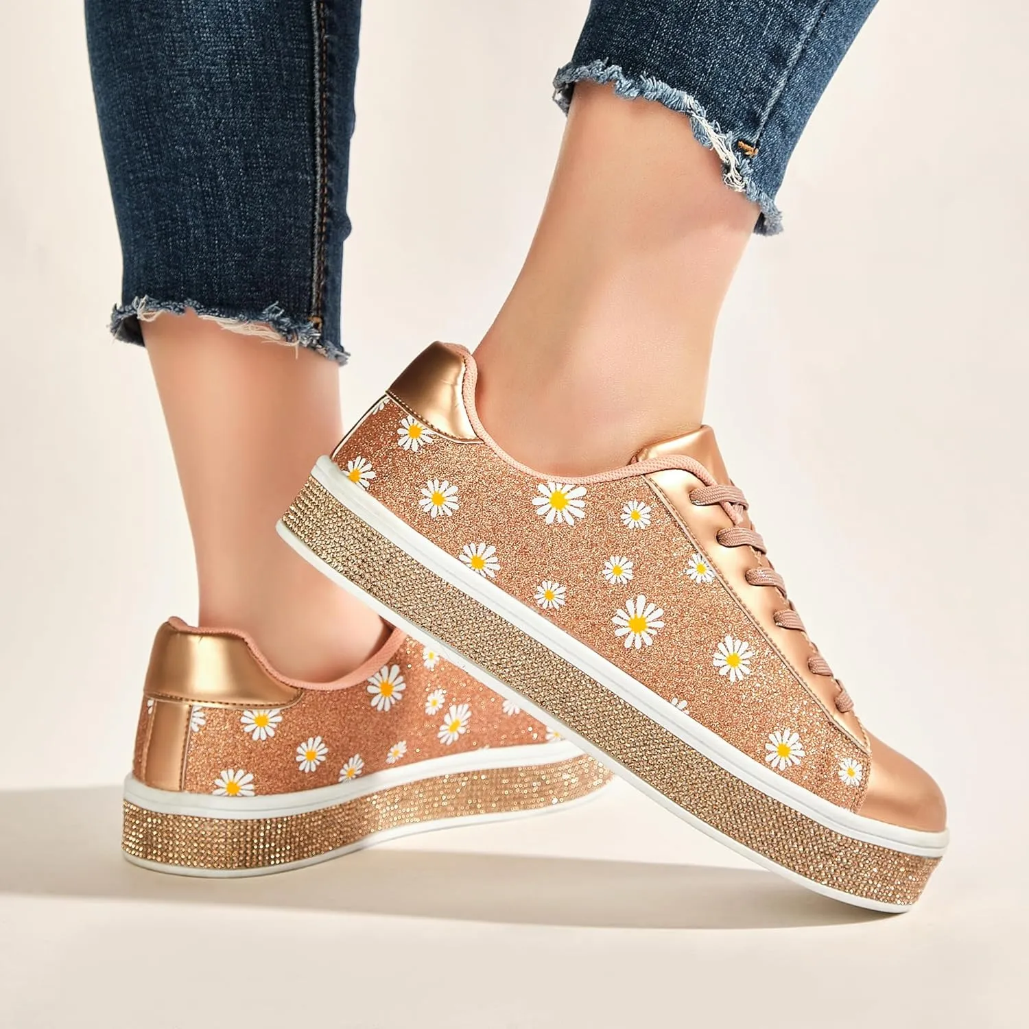UUBARIS Women's Glitter Tennis Sneakers Neon Dressy Sparkly Sneakers Rhinestone Bling Wedding Bridal Shoes Shiny Sequin Shoes