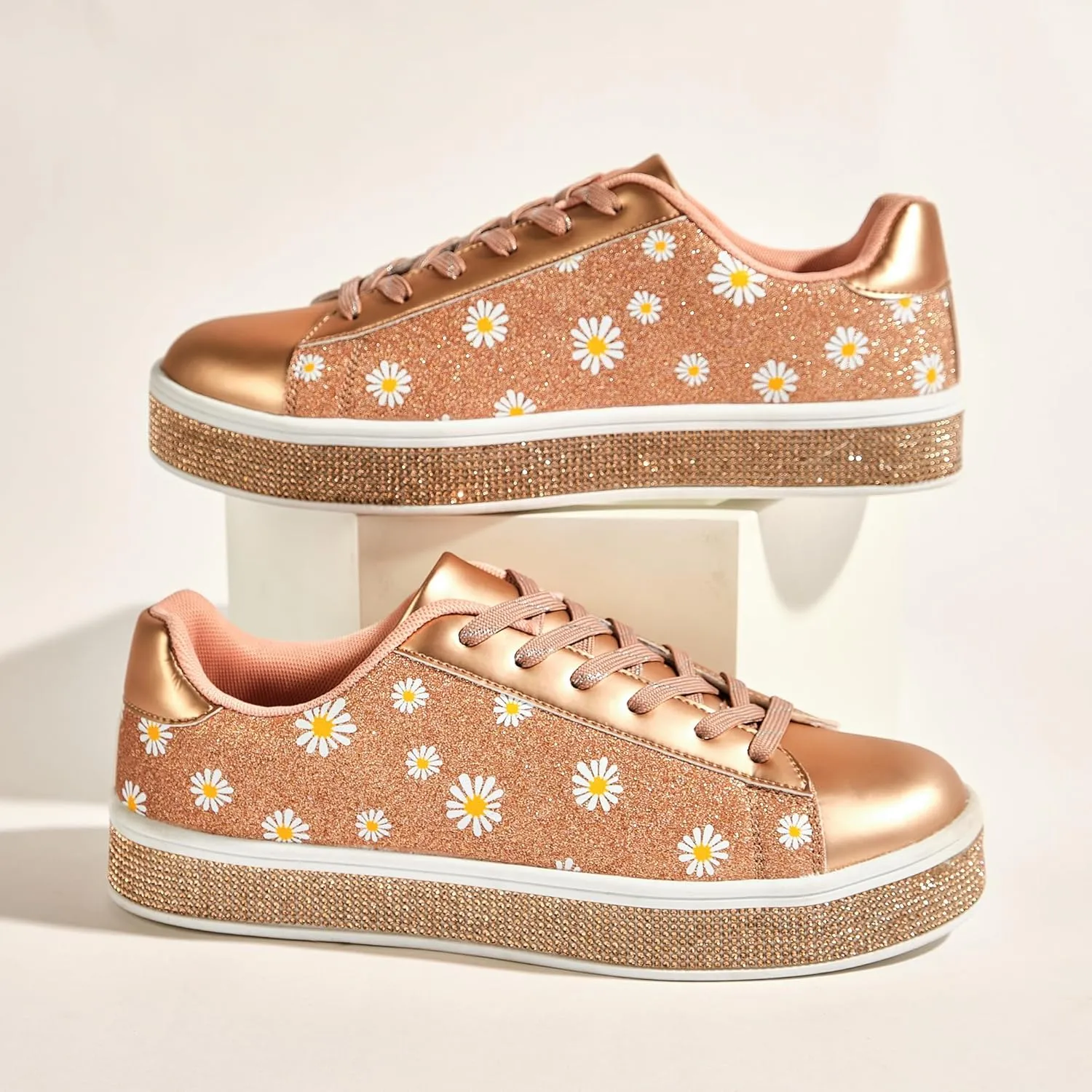 UUBARIS Women's Glitter Tennis Sneakers Neon Dressy Sparkly Sneakers Rhinestone Bling Wedding Bridal Shoes Shiny Sequin Shoes
