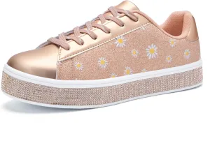 UUBARIS Women's Glitter Tennis Sneakers Neon Dressy Sparkly Sneakers Rhinestone Bling Wedding Bridal Shoes Shiny Sequin Shoes