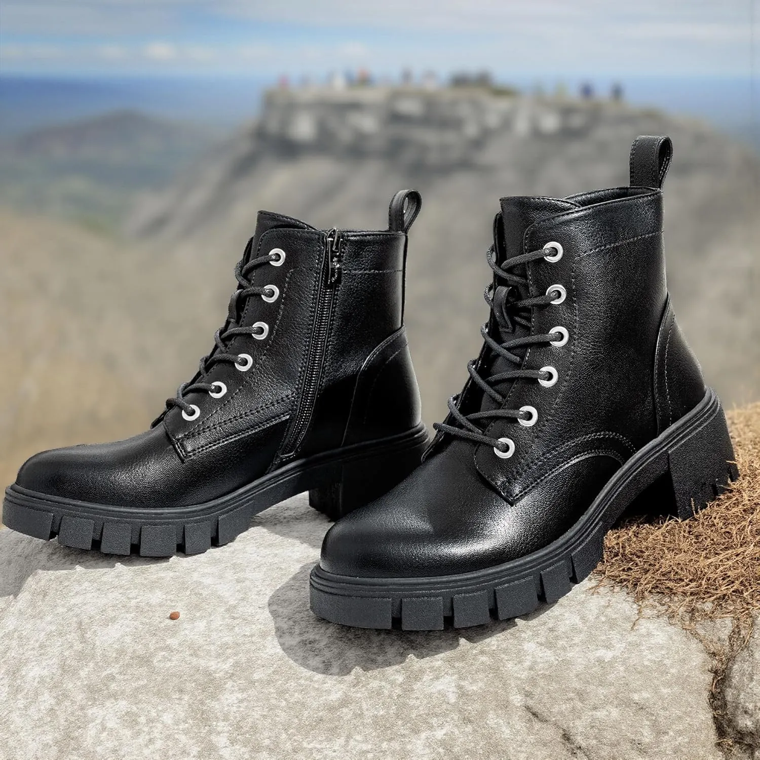 Vepose Women's 9626 Combat Ankle Boots, Lace-up Platform Chunky Heel Booties with Side Zipper