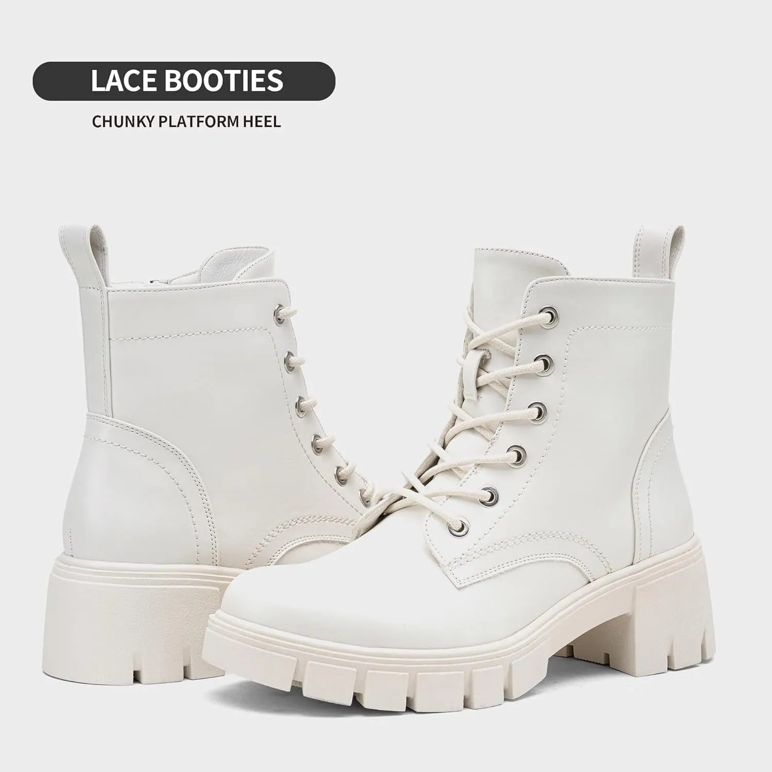 Vepose Women's 9626 Combat Ankle Boots, Lace-up Platform Chunky Heel Booties with Side Zipper