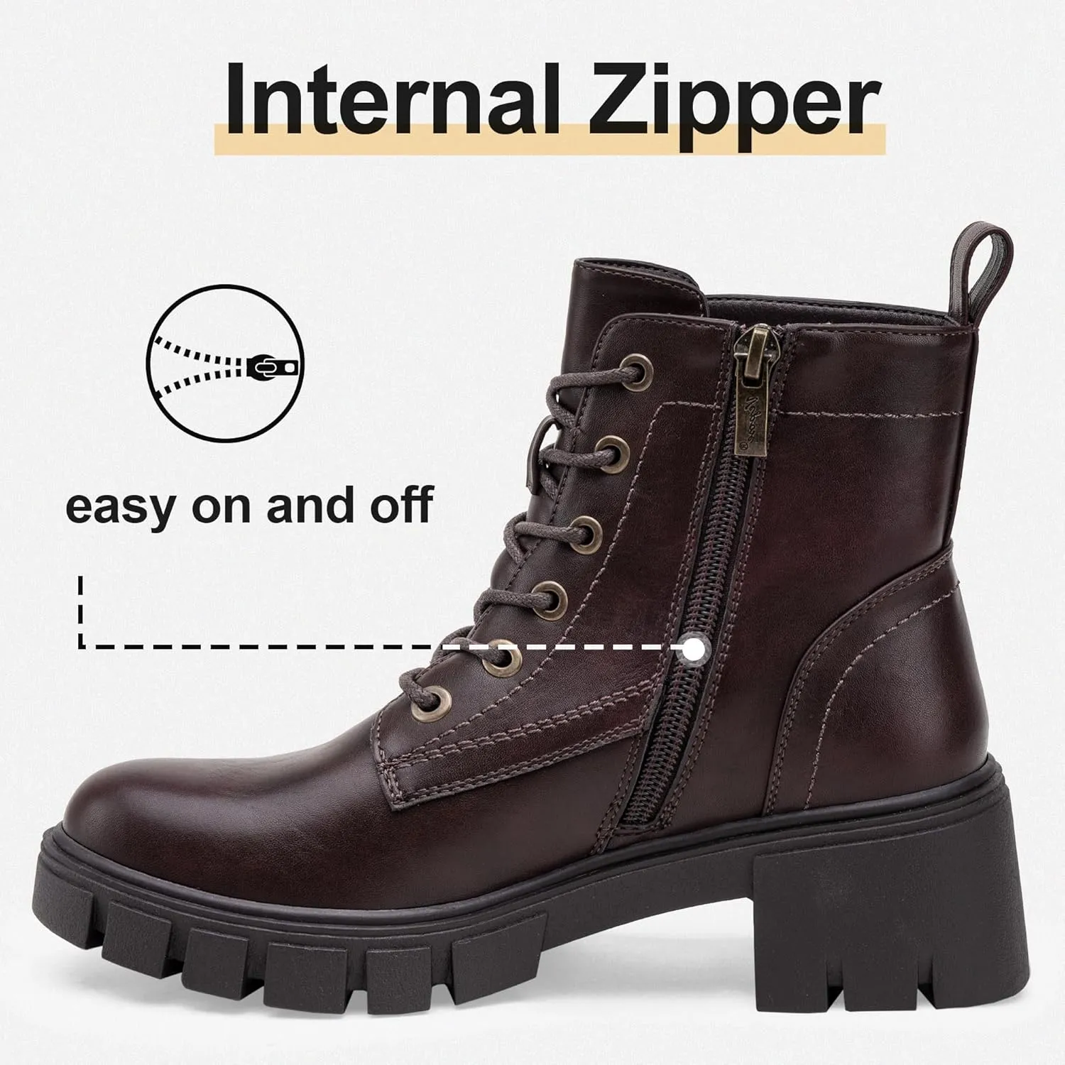 Vepose Women's 9626 Combat Ankle Boots, Lace-up Platform Chunky Heel Booties with Side Zipper