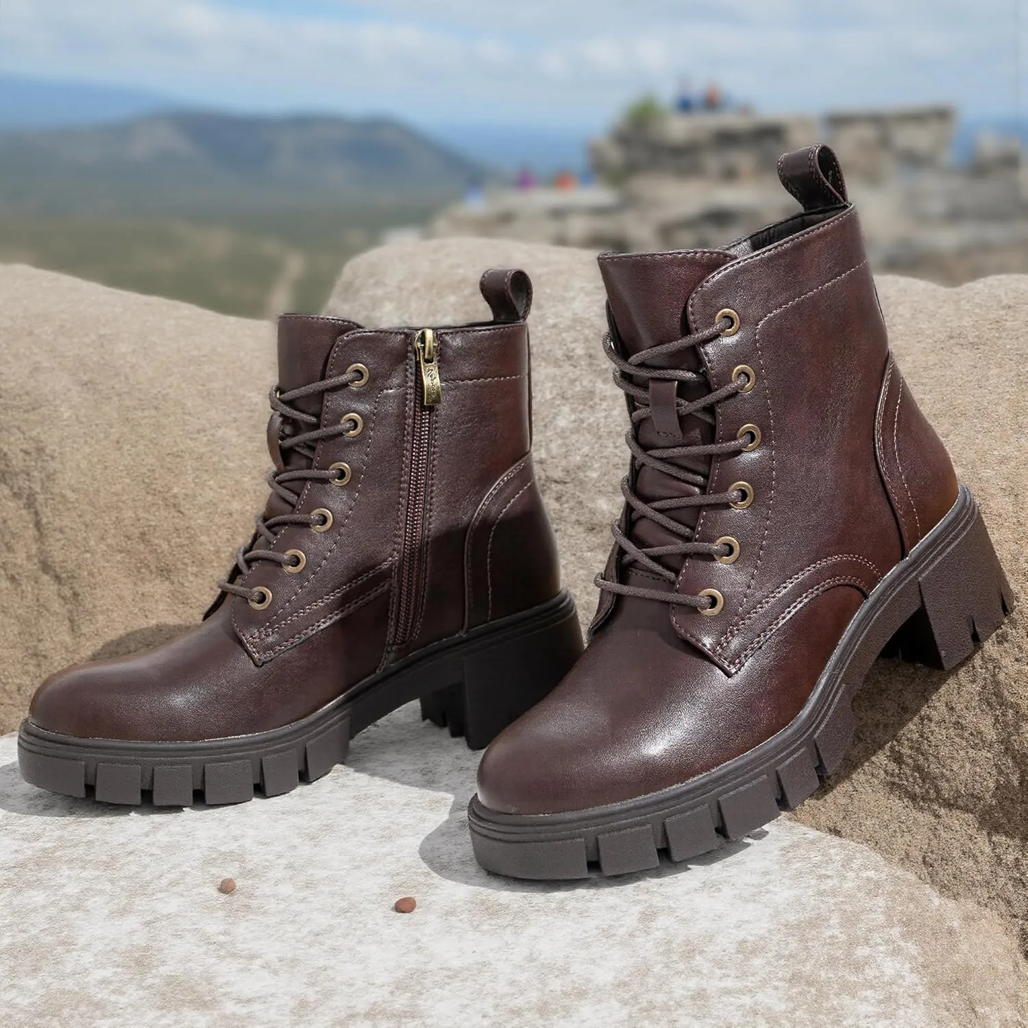 Vepose Women's 9626 Combat Ankle Boots, Lace-up Platform Chunky Heel Booties with Side Zipper