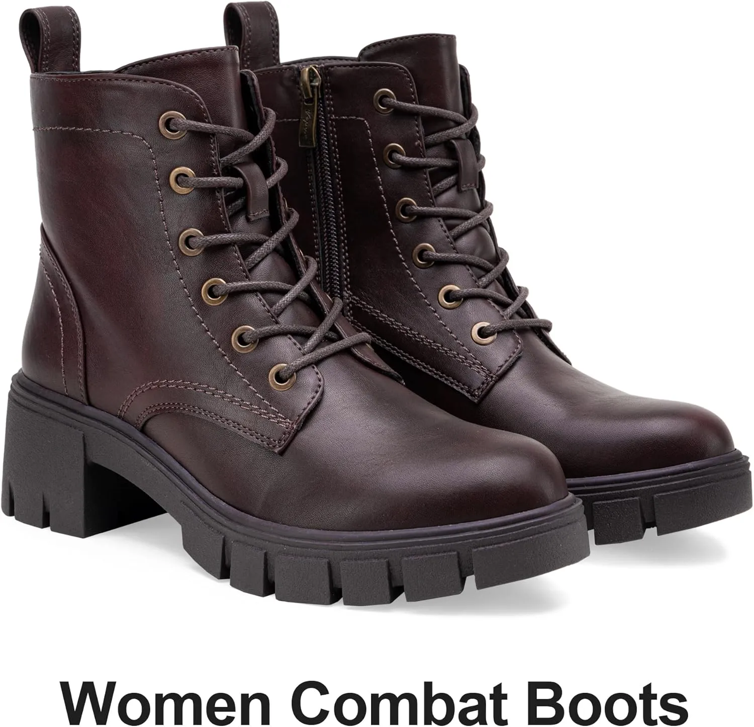 Vepose Women's 9626 Combat Ankle Boots, Lace-up Platform Chunky Heel Booties with Side Zipper