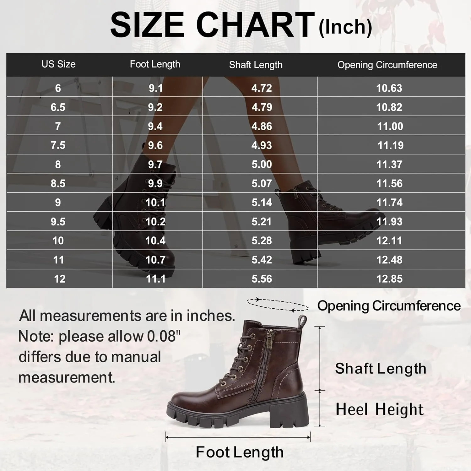 Vepose Women's 9626 Combat Ankle Boots, Lace-up Platform Chunky Heel Booties with Side Zipper