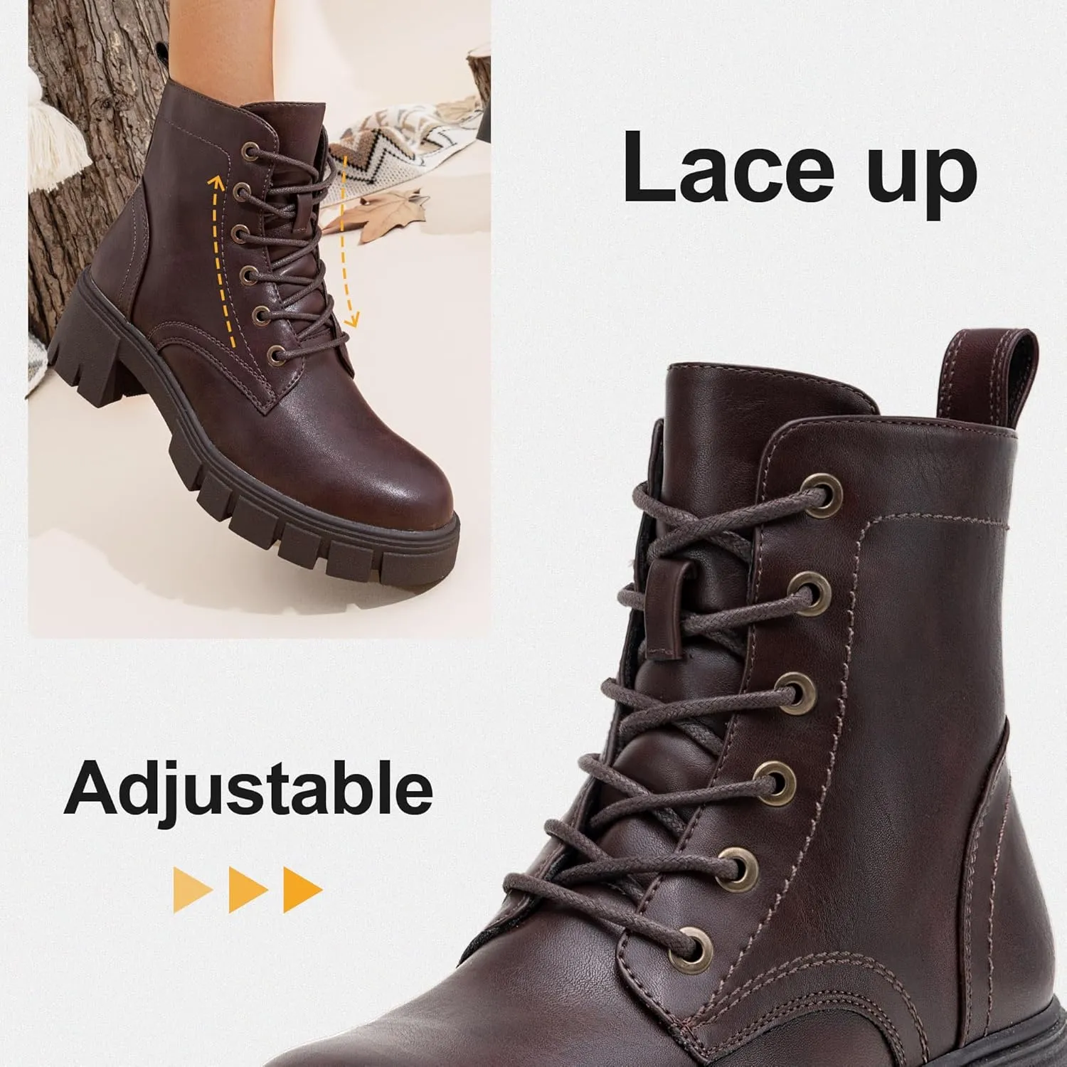 Vepose Women's 9626 Combat Ankle Boots, Lace-up Platform Chunky Heel Booties with Side Zipper