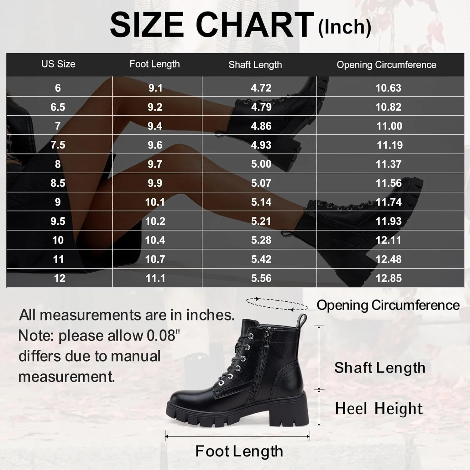 Vepose Women's 9626 Combat Ankle Boots, Lace-up Platform Chunky Heel Booties with Side Zipper