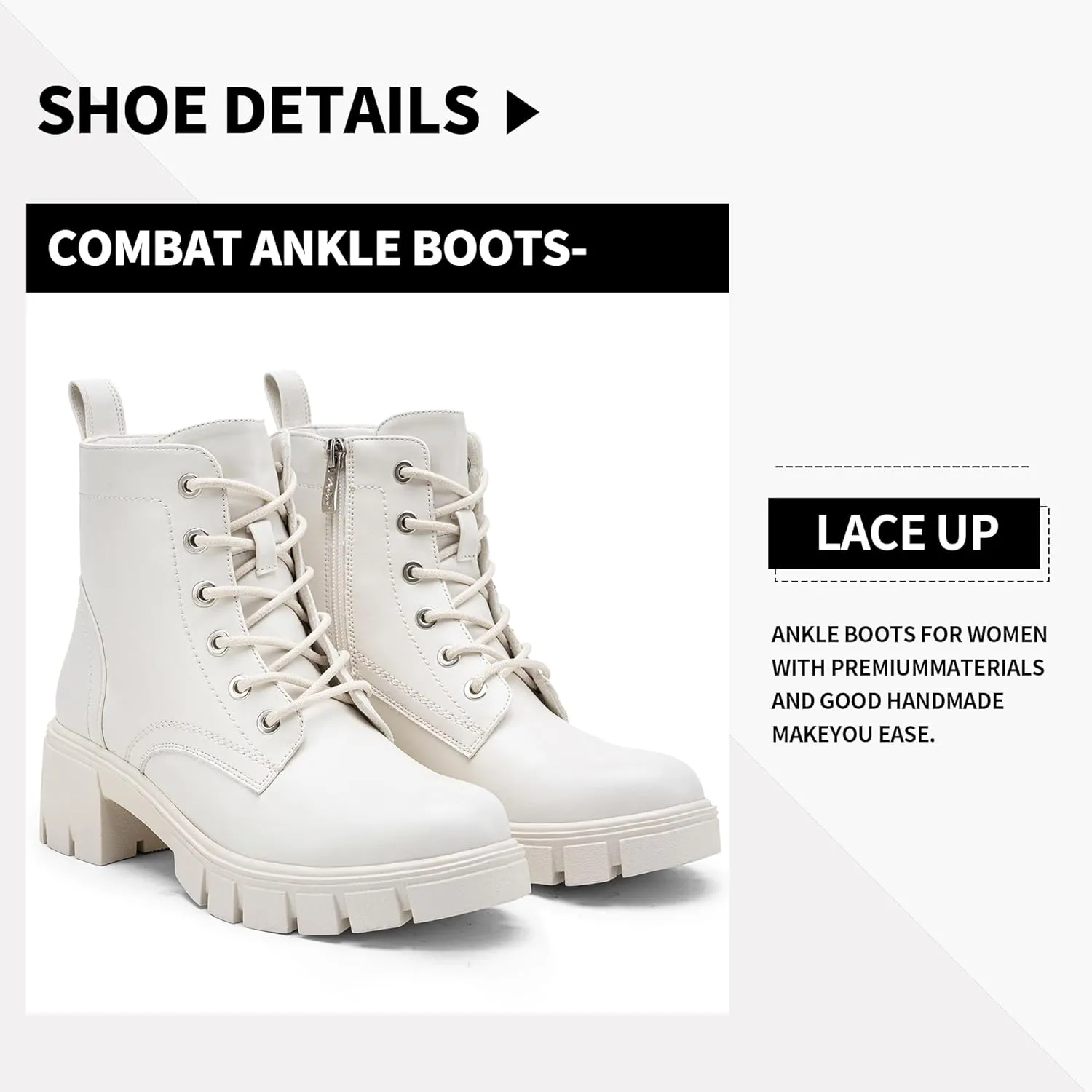 Vepose Women's 9626 Combat Ankle Boots, Lace-up Platform Chunky Heel Booties with Side Zipper