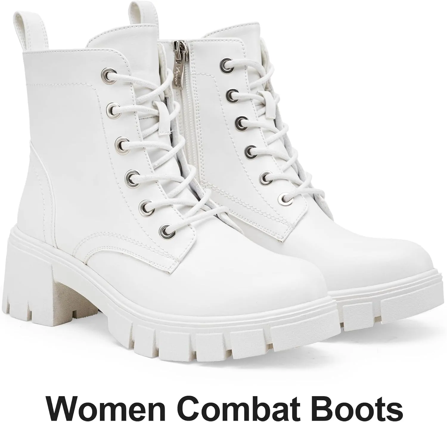 Vepose Women's 9626 Combat Ankle Boots, Lace-up Platform Chunky Heel Booties with Side Zipper
