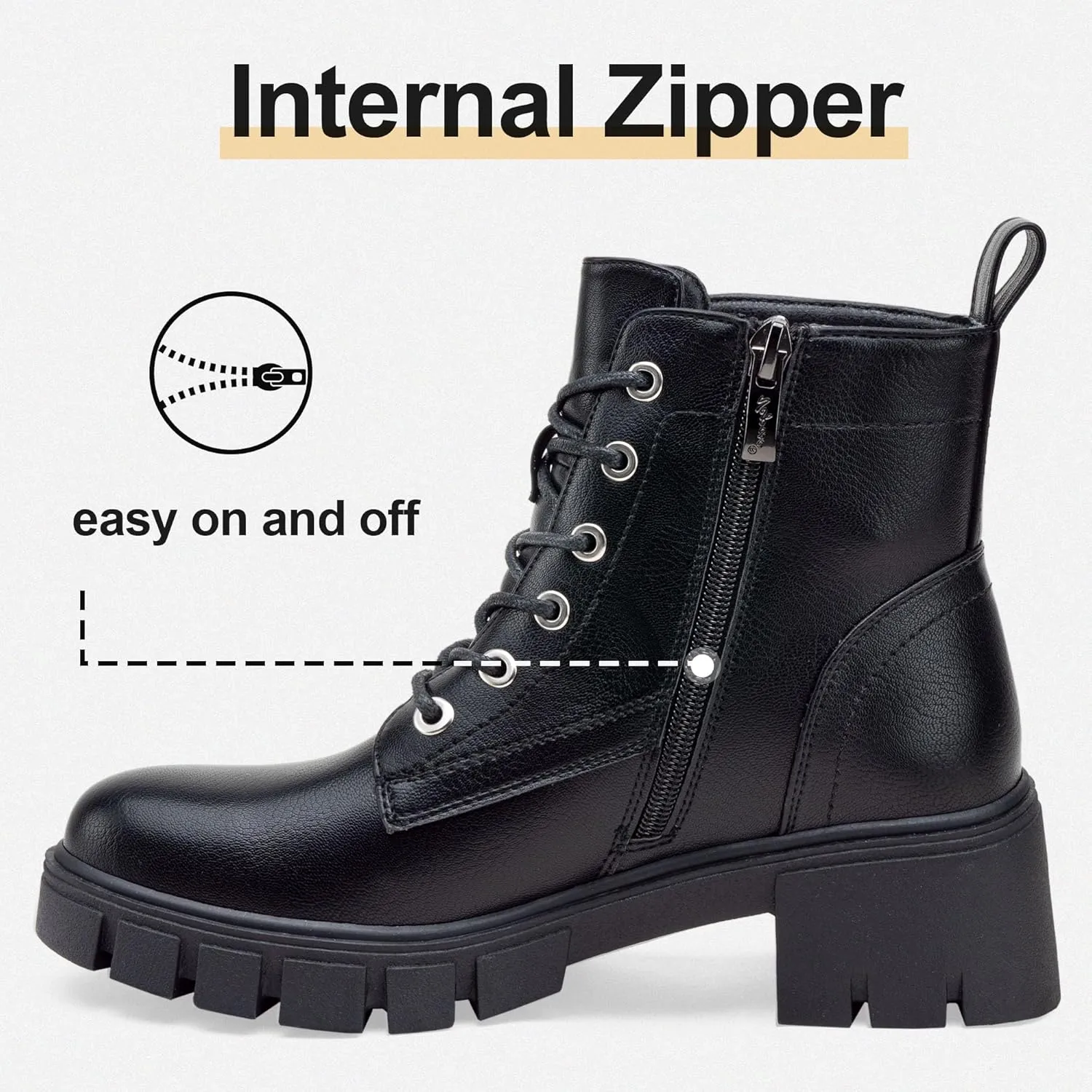 Vepose Women's 9626 Combat Ankle Boots, Lace-up Platform Chunky Heel Booties with Side Zipper