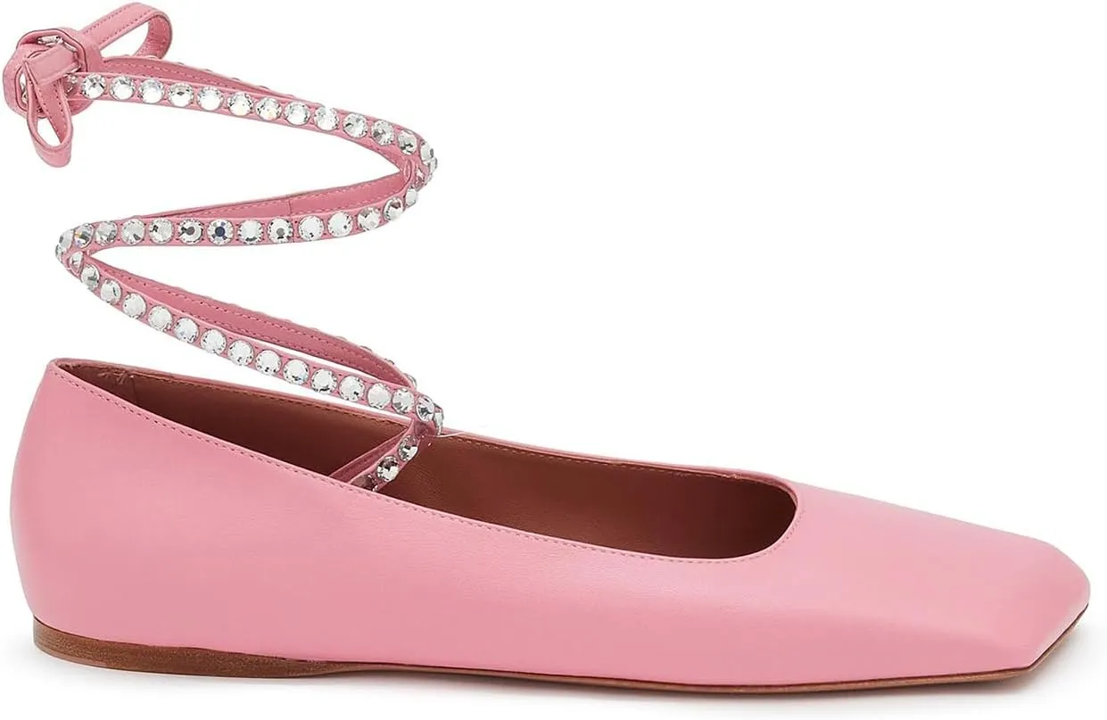 Vertundy Rhinestone Ballet Flats for Women Crystal Ankle Strap Wrap Ballet Flat Square Toe Lace Up Satin Glitter Party Wedding Dress Shoes