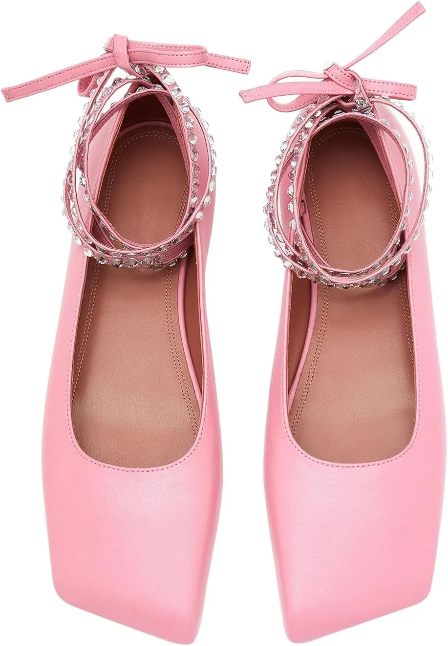Vertundy Rhinestone Ballet Flats for Women Crystal Ankle Strap Wrap Ballet Flat Square Toe Lace Up Satin Glitter Party Wedding Dress Shoes