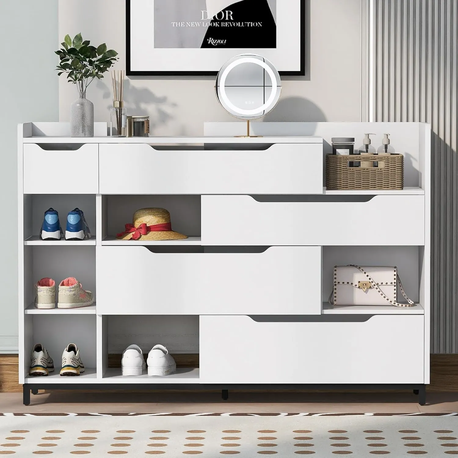 VERYKE Shoe Cabinet for Entryway,Wooden Shoe Storage Cabinet with Drawers and Open Shelves,Narrow Shoe Cabinet with Mental Legs,Hidden Shoe Storage Cabinet with Apron Design for Living Room (White)