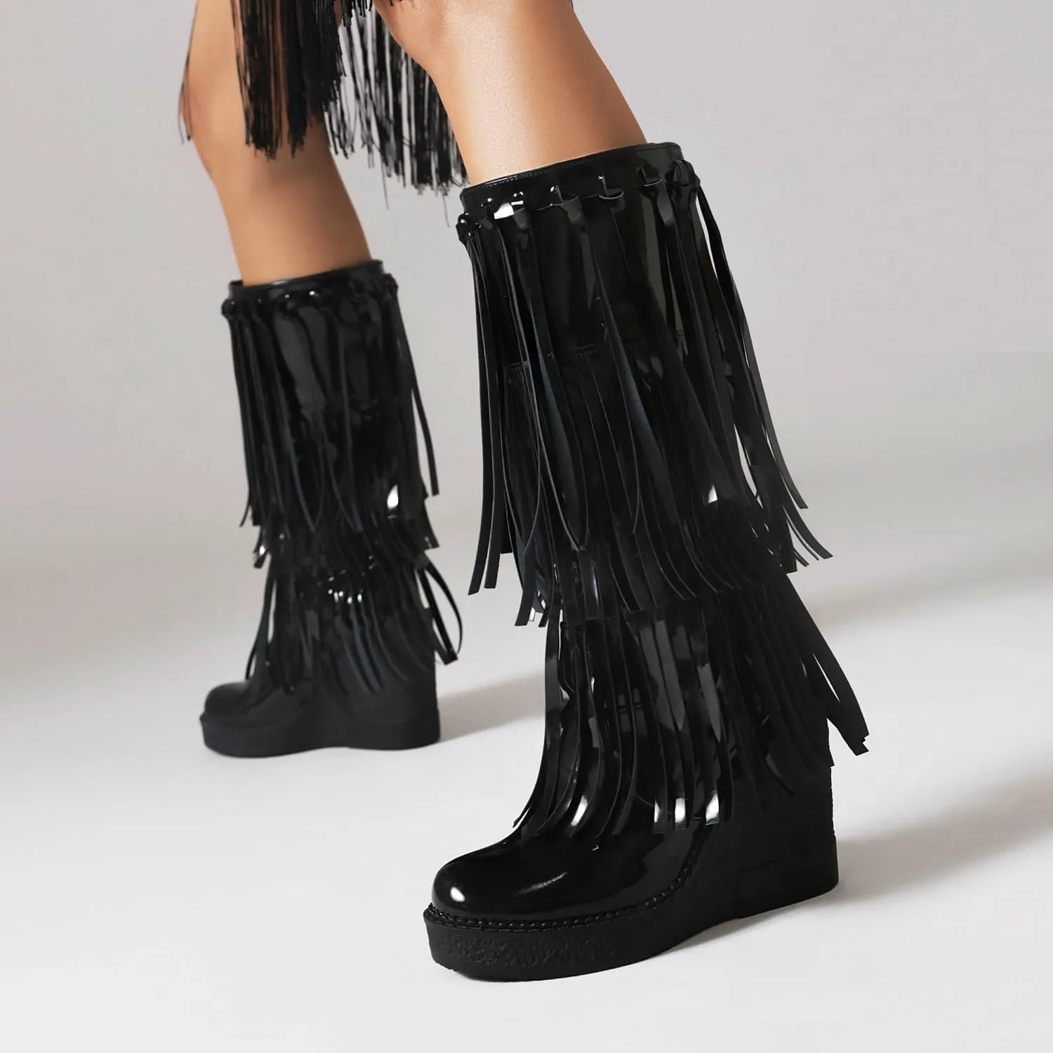Vintage Women's Suede Tassel Mid-calf Boots Casual Round Toe Platform Wedge Boots