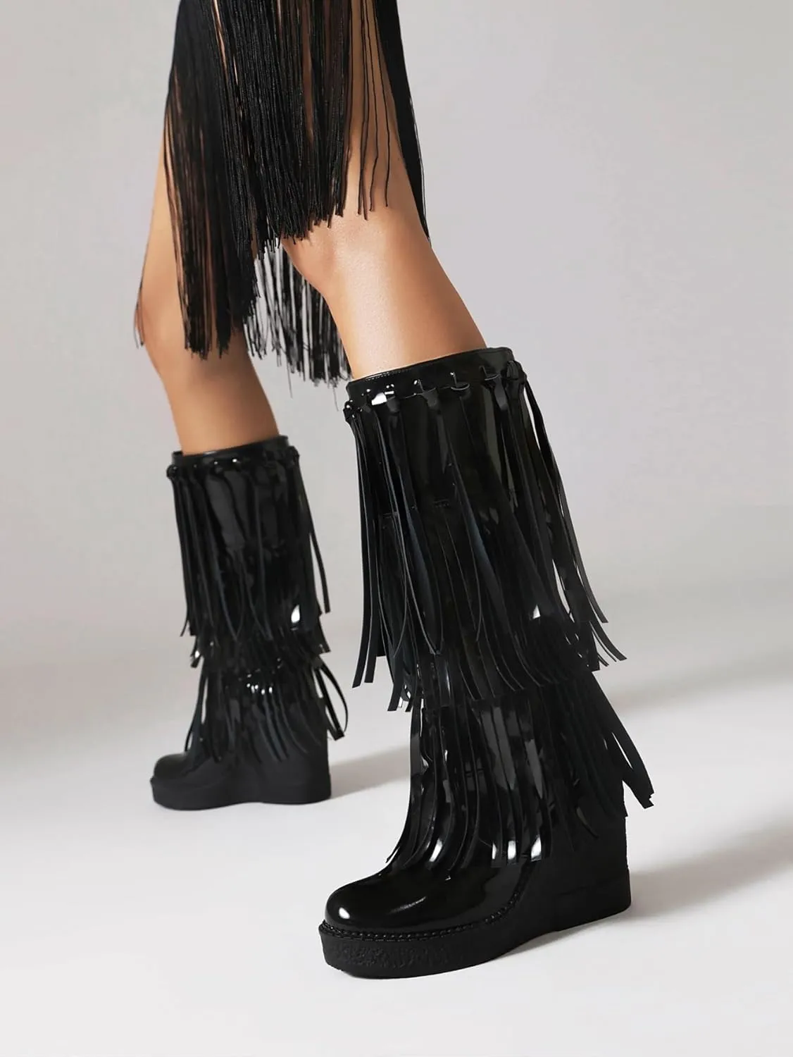 Vintage Women's Suede Tassel Mid-calf Boots Casual Round Toe Platform Wedge Boots